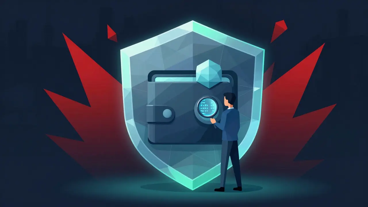 Geometric shield protecting a crypto wallet from shadowy threats