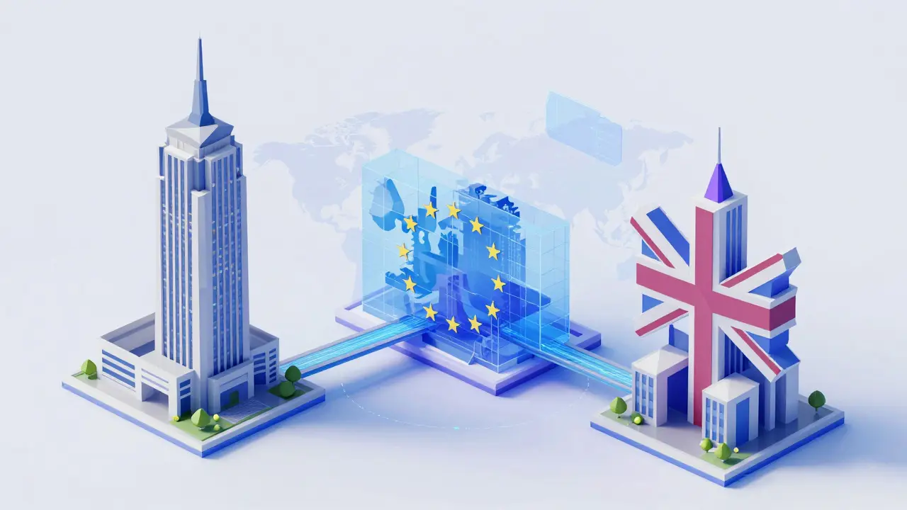 Isometric low poly view of interconnected global regulatory frameworks for digital assets