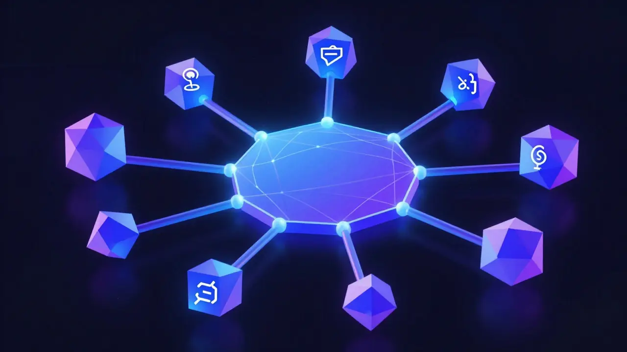 Low poly abstract DEX network with glowing data flows