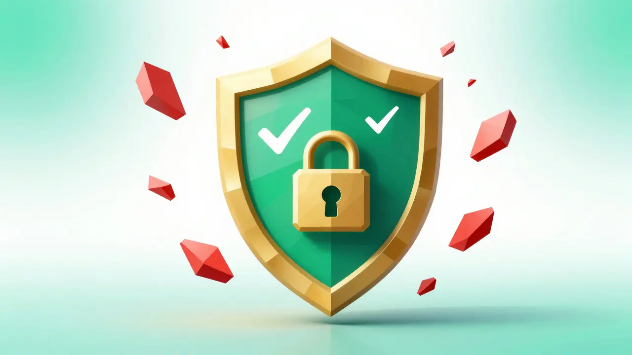 Low poly art of a golden shield protecting data from chaotic red fragments, symbolizing safety.