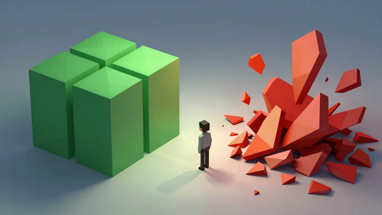 Low poly art showing a choice between a stable green structure and chaotic red shards