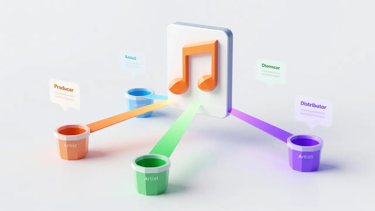Low poly art showing automated royalty streams splitting into three colored paths