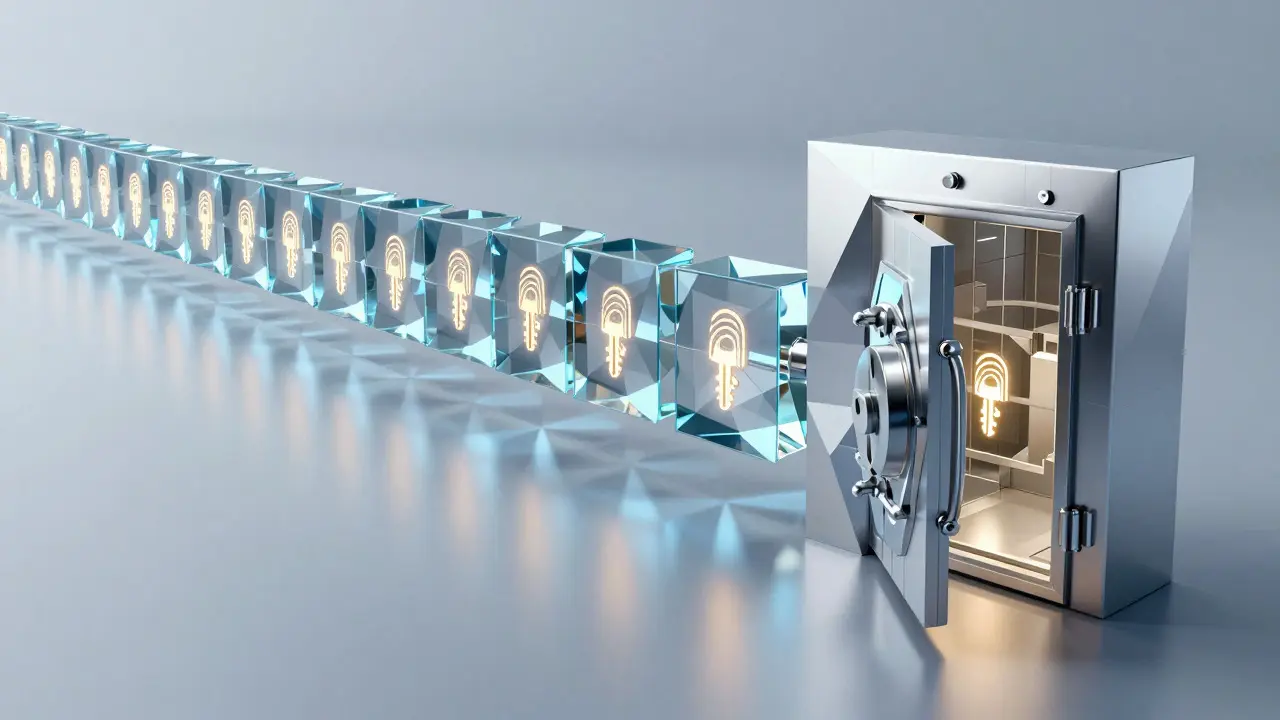 Low poly chain of interlocking blocks with glowing keys representing secure records