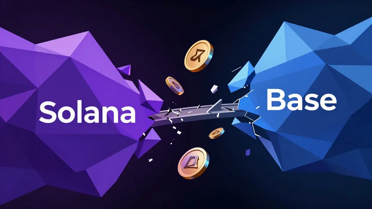 Low poly concept art showing two separate blockchain networks connected by a fragmented bridge