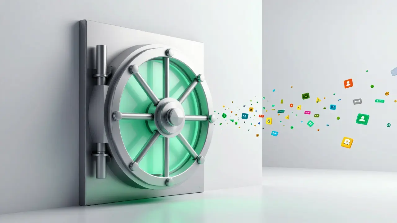 Low poly depiction of a secure vault releasing streams of data particles into an open space