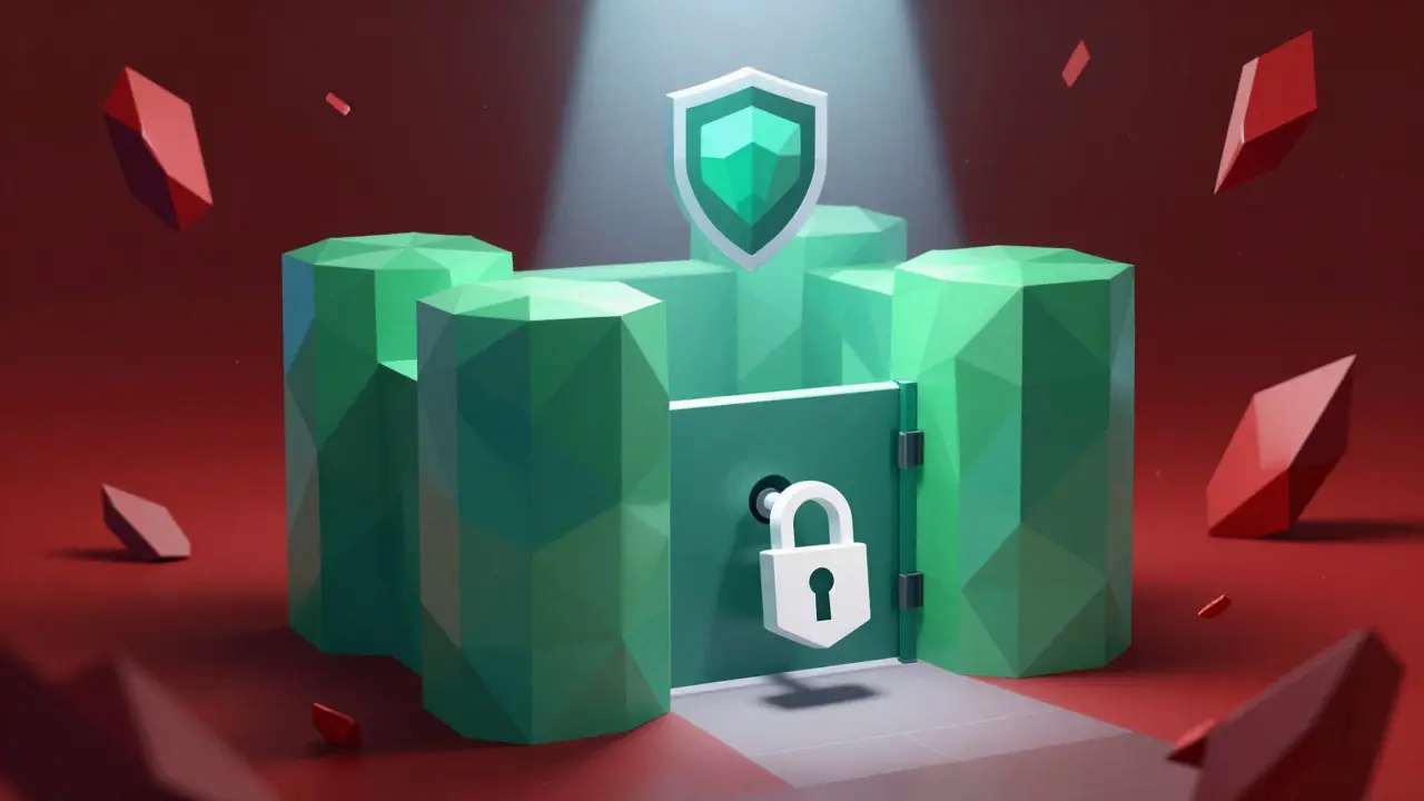Low poly digital art of a secure fortress protecting against red chaotic shards