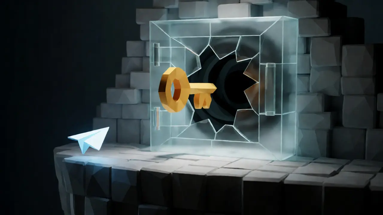 Low poly golden key above a cracked vault and Telegram icon