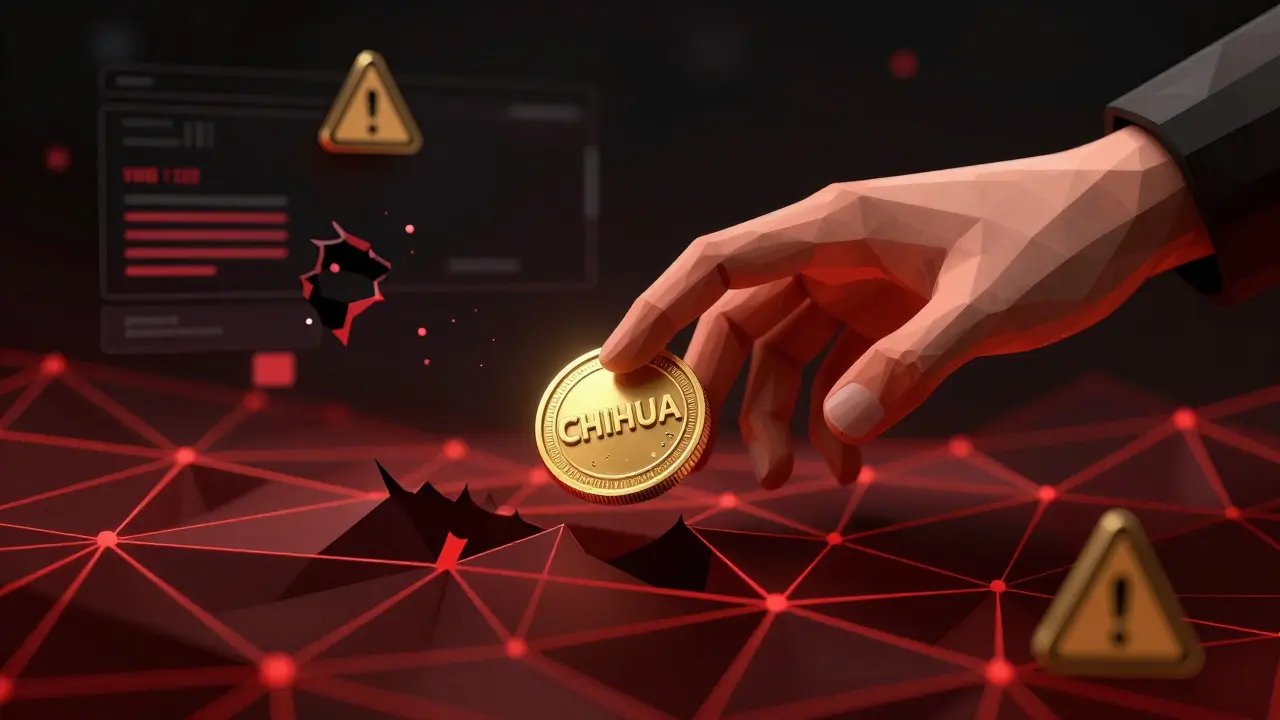 Low poly graphic of a hand grabbing a fake crypto token amid red warning signs