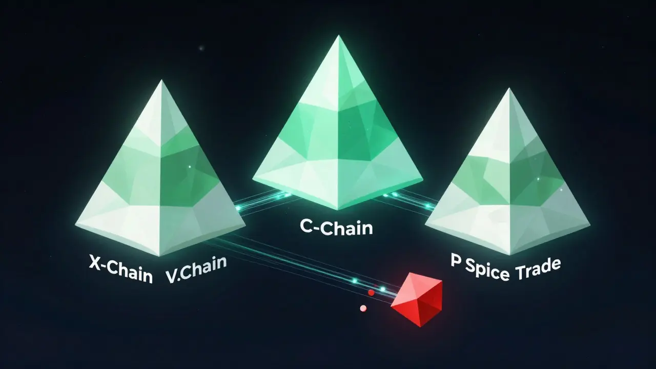 Low poly graphic showing three connected green pyramids representing secure blockchain chains.