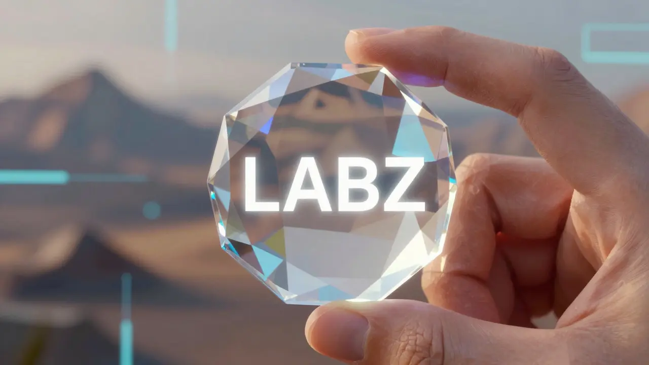 Low poly hand holding a faceted crystal token against an abstract digital landscape