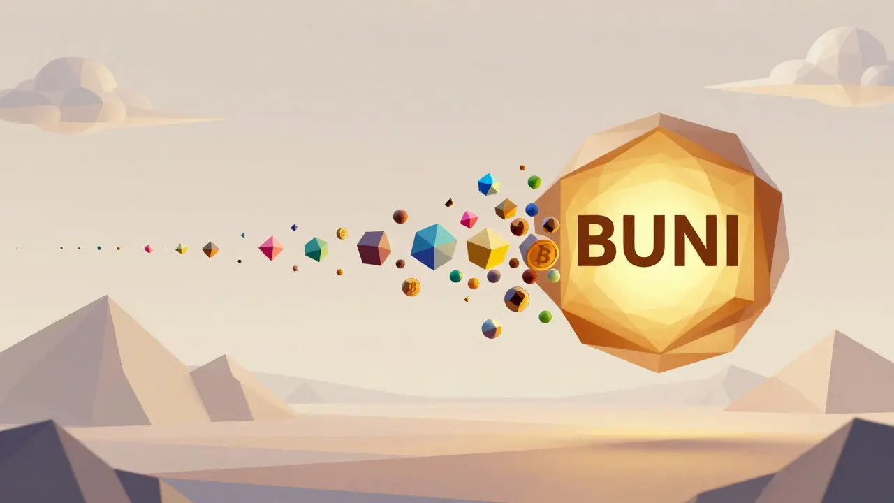 Low poly illustration of diverse tokens merging into a single glowing hexagon