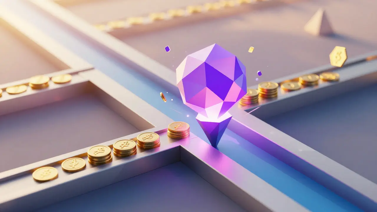 Low poly illustration of flowing tokens converging into a glowing cluster representing yield farming rewards