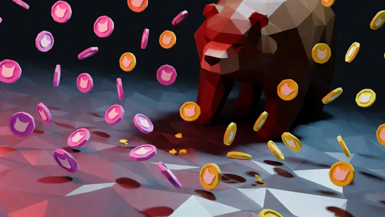 Low poly illustration of meme coins crashing with a bear figure