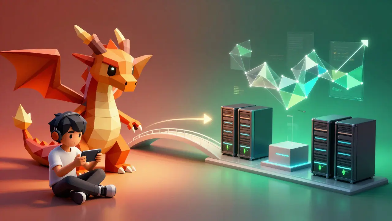 Low poly illustration showing transition from Axie Infinity gaming to DeFi finance