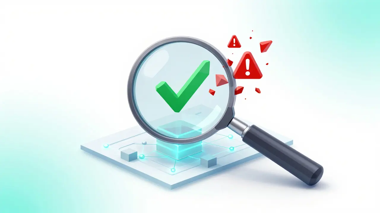 Low poly magnifying glass inspecting blockchain nodes for scams