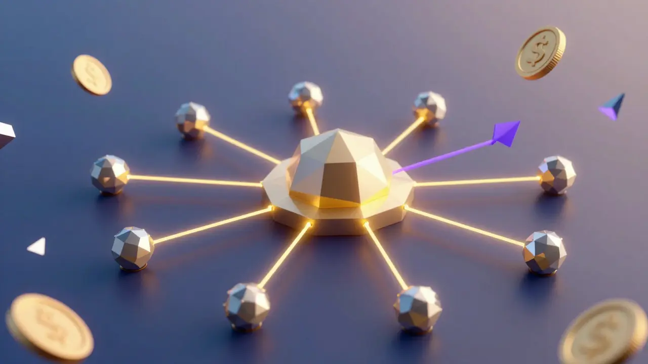 Low poly network diagram illustrating automated profit switching and failover connections