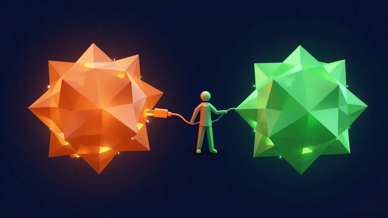 Low poly scene showing a switch from an inefficient orange node to an efficient green node