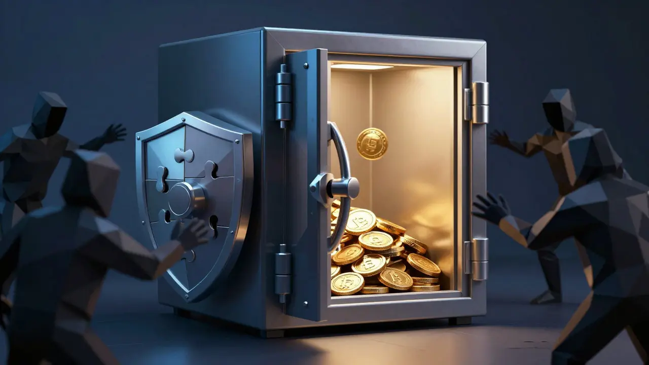 Low poly secure vault protecting crypto coins from shadowy hackers