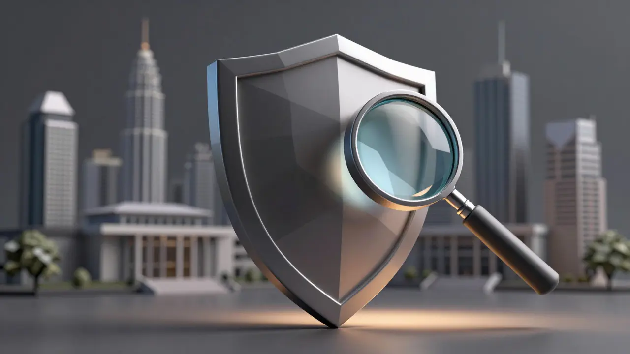 Low poly shield and magnifying glass symbolizing security and regulatory review