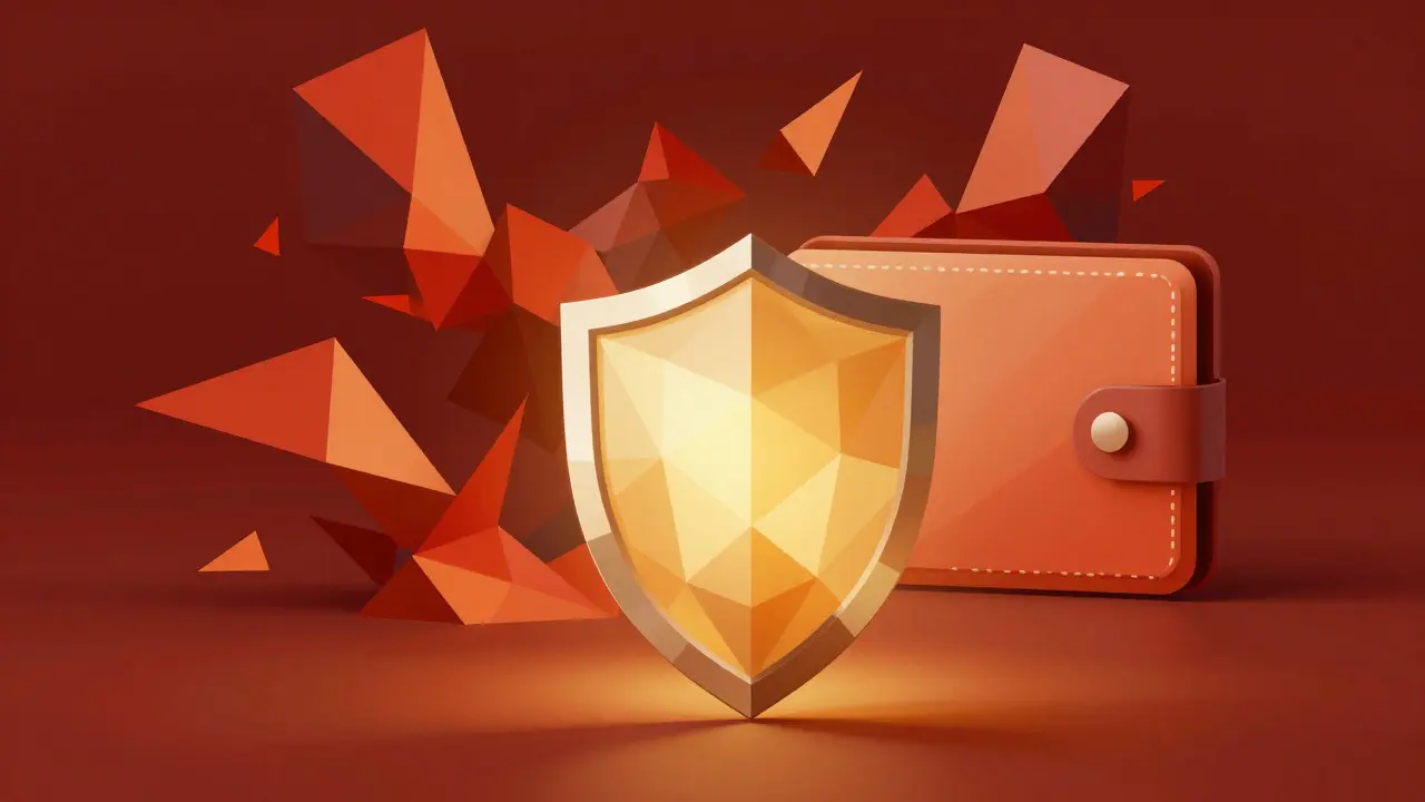 Low poly shield protecting a digital wallet from jagged red threat shapes