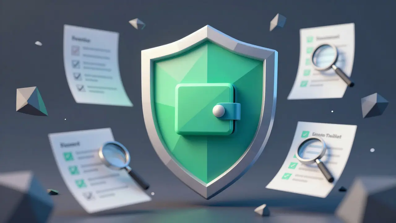 Low poly shield protecting a wallet from falling scam debris in crypto space