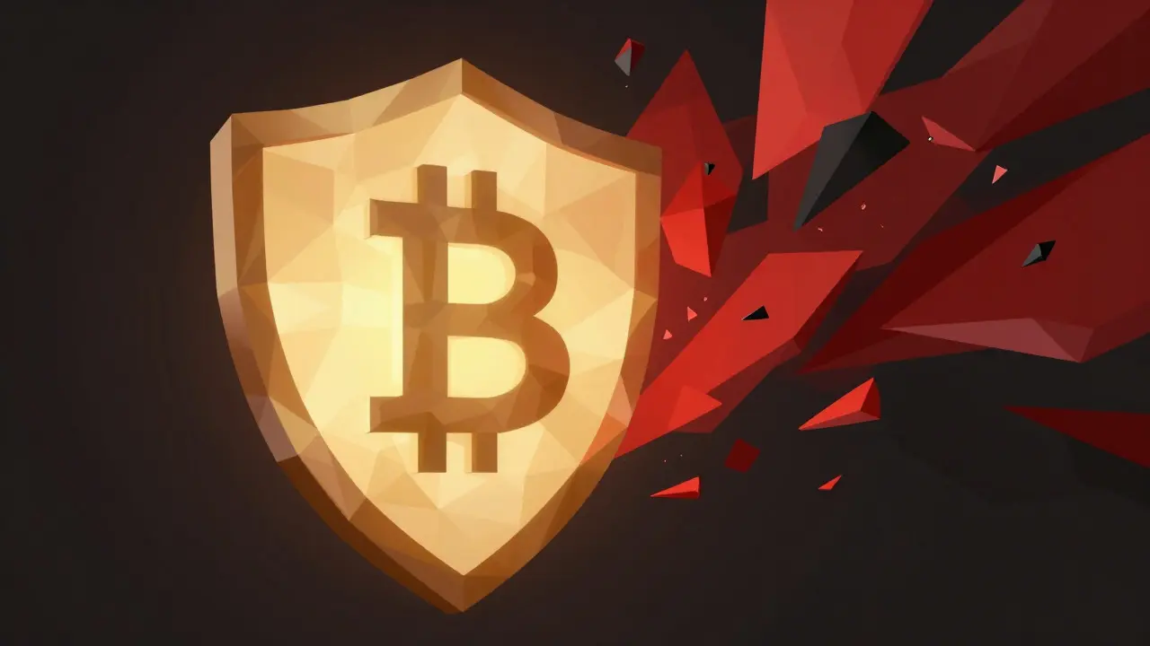 Low poly shield protecting against jagged red shards representing crypto scams.