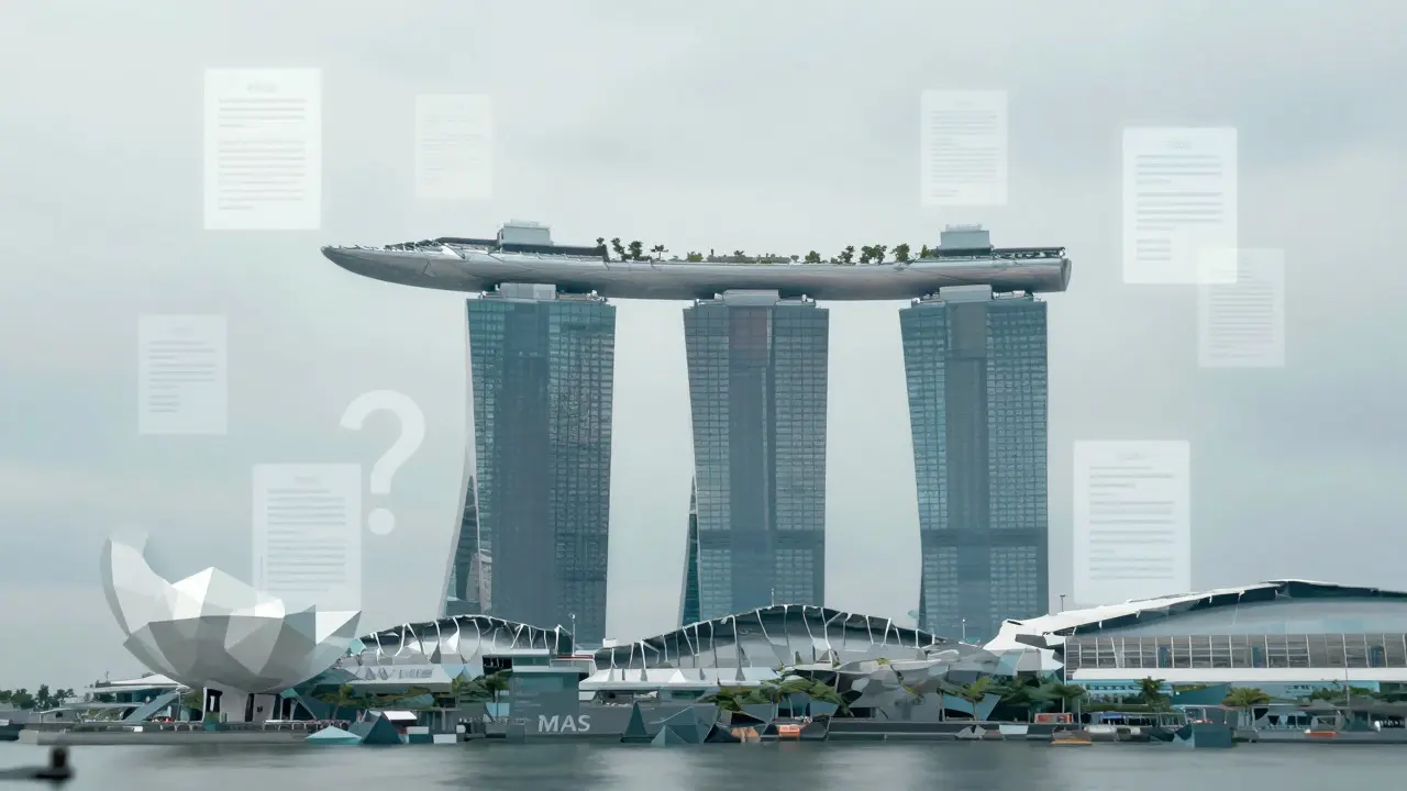 Low poly Singapore skyline with question marks about regulation