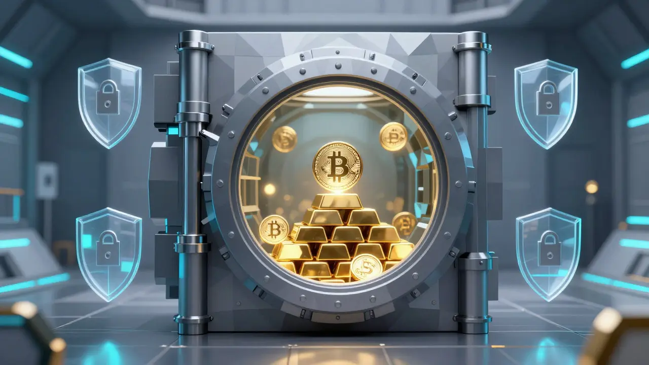 Low poly vault containing crypto assets surrounded by security shields