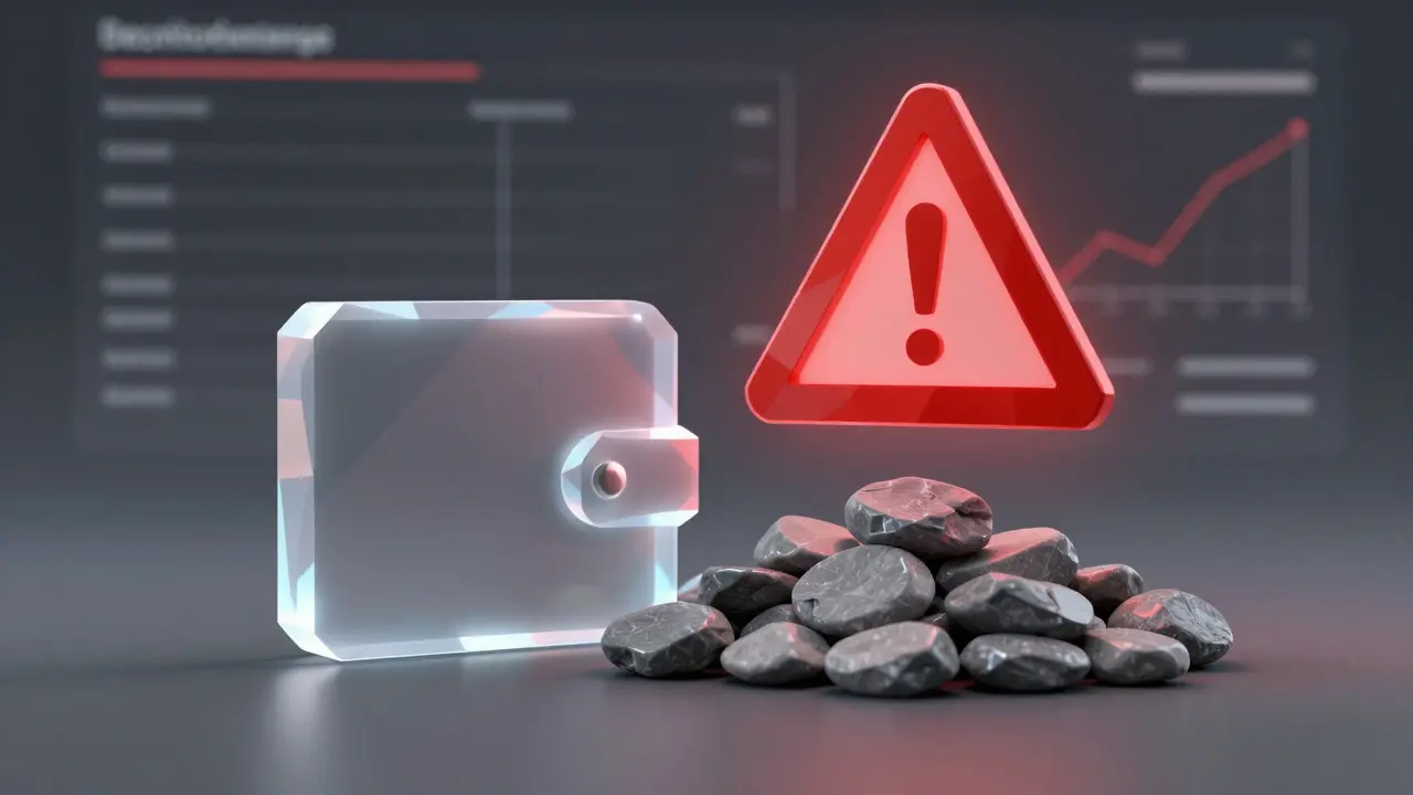 Low poly wallet next to worthless stones and a red warning sign