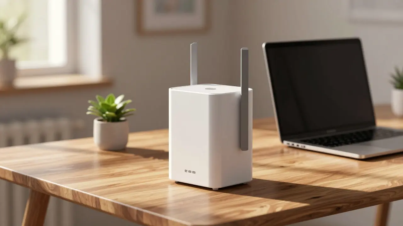 Sleek low poly WiFi hotspot on a desk