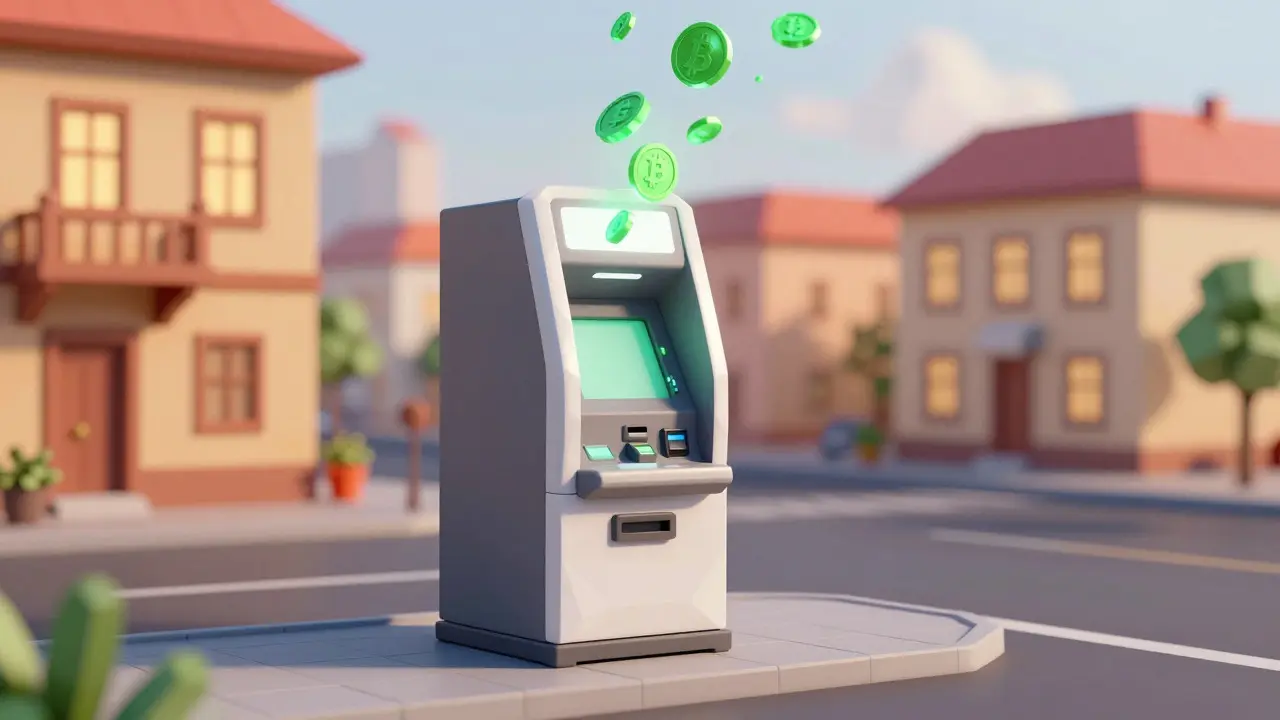 Stylized low poly crypto ATM on a city street corner