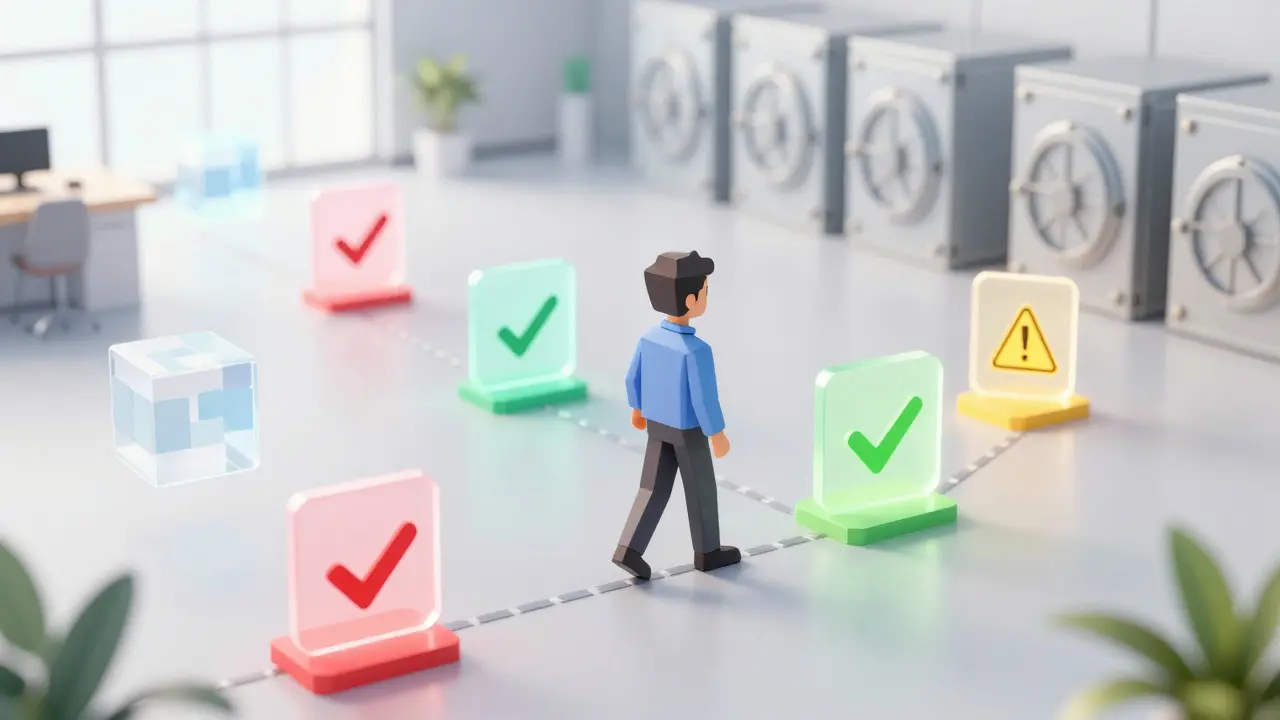 Stylized low poly figure navigating compliance checkpoints in digital space