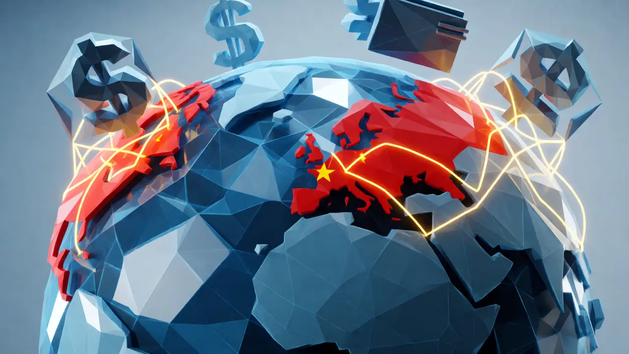 A low-poly globe showing severed crypto connections in banned regions.