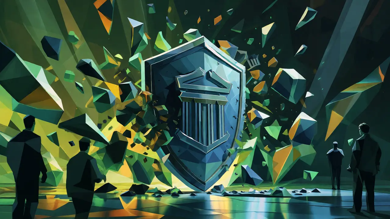 A low poly shield blocking waves of digital currency fragments, symbolizing OFAC sanctions enforcement.
