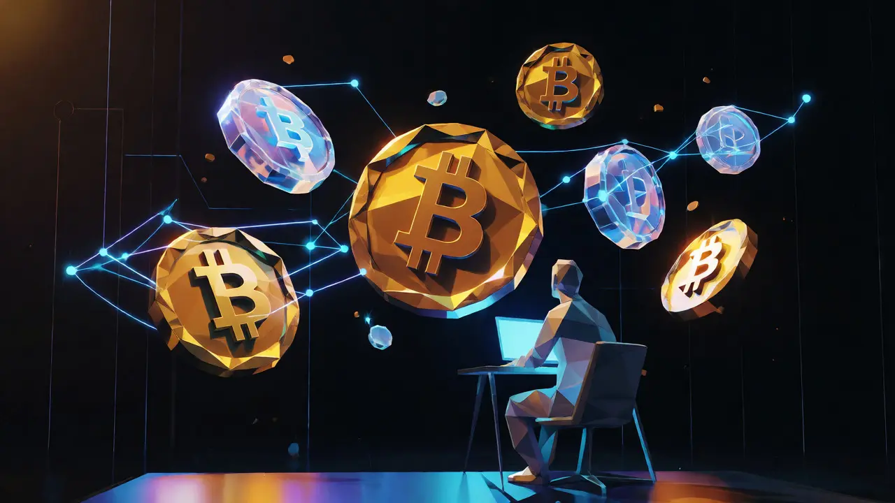 Abstract low poly Bitcoin and stablecoins floating above a user