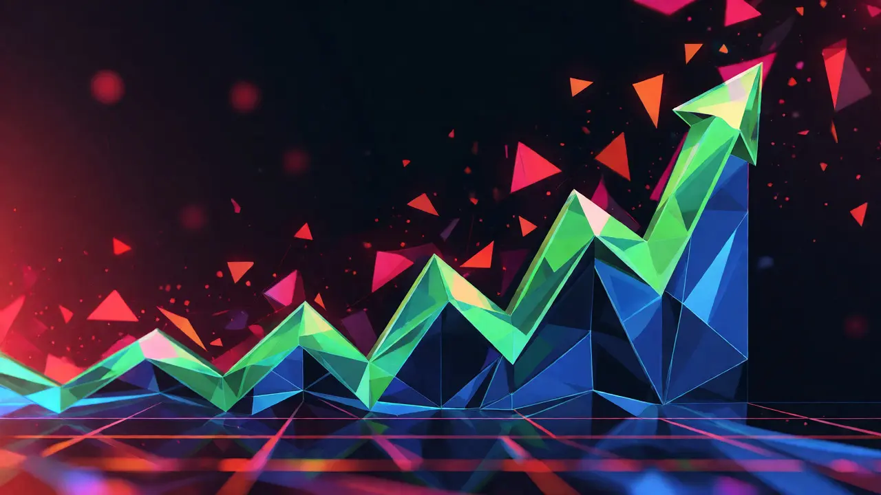 Abstract low poly chart rising sharply with red shards indicating market volatility.