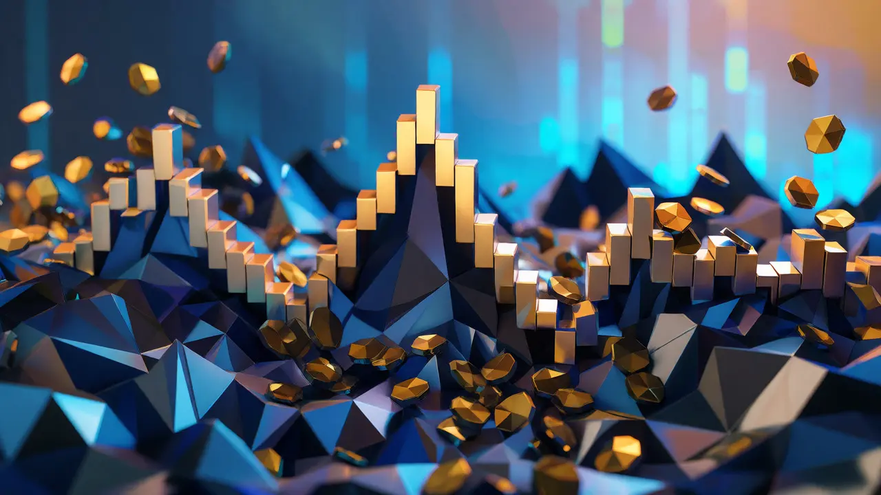 Abstract low-poly crypto chart showing price volatility and scattering coins