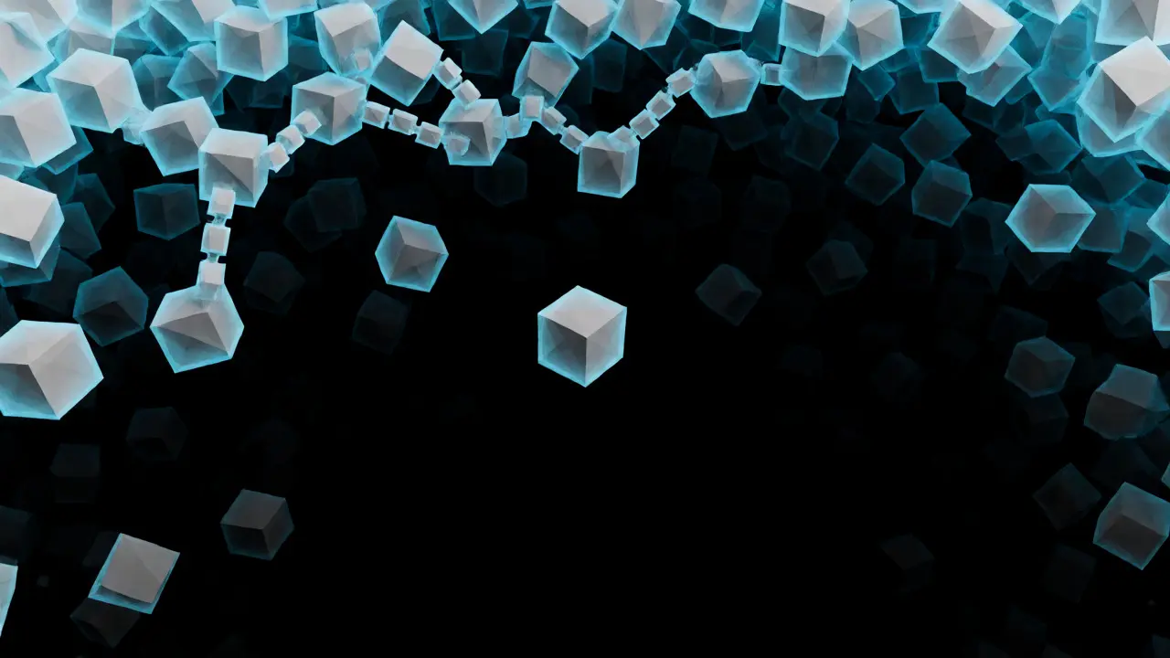 Abstract low-poly cubes dissolving into a dark void