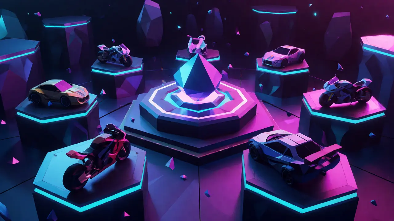Abstract low-poly gaming arena with orbiting vehicles