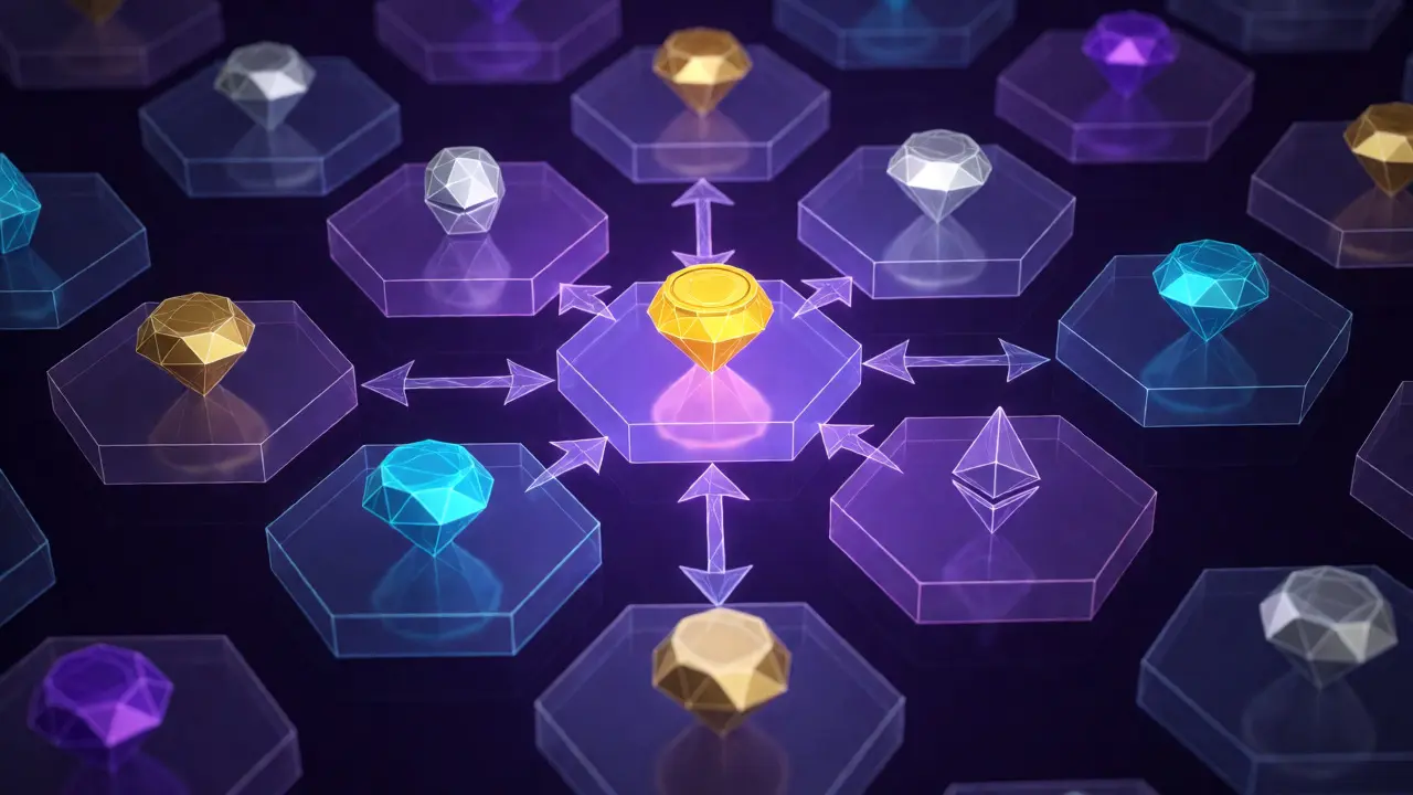 Abstract low-poly hexagons holding crypto gems connected by glowing network lines.