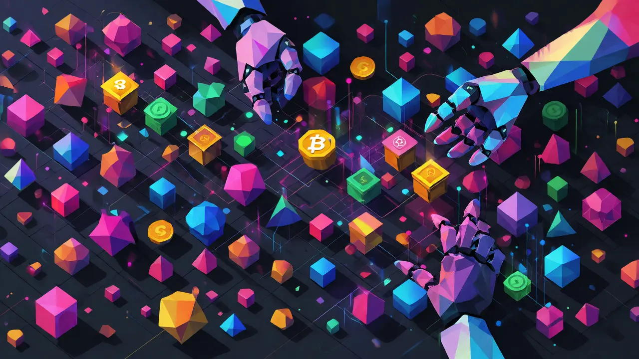 Abstract low poly marketplace with geometric shapes representing trades.