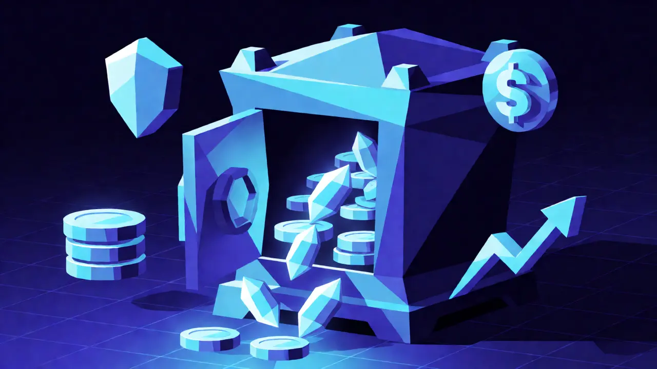 Abstract low poly vault releasing glowing HERO tokens amidst symbols of trading and verification.