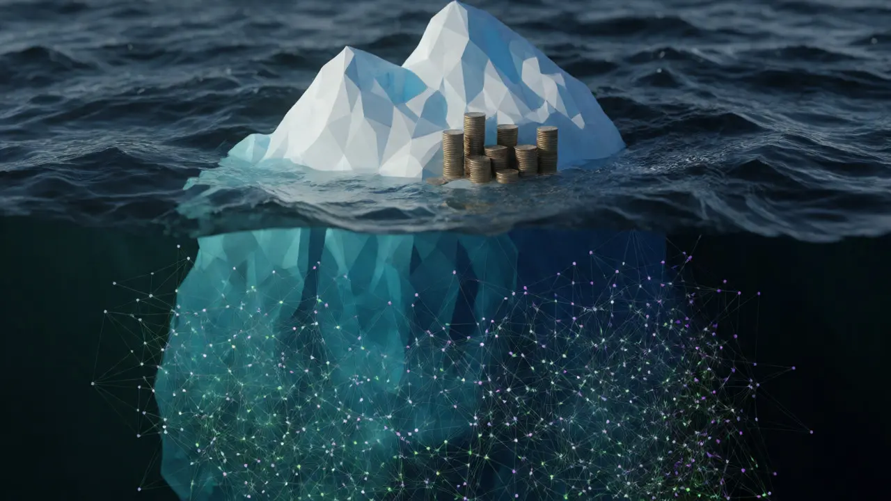 An iceberg metaphor showing hidden underground crypto market depth.