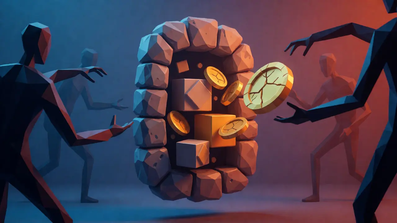 Cautionary low poly scene with a tempting portal and shadowy figures reaching for fake coins.