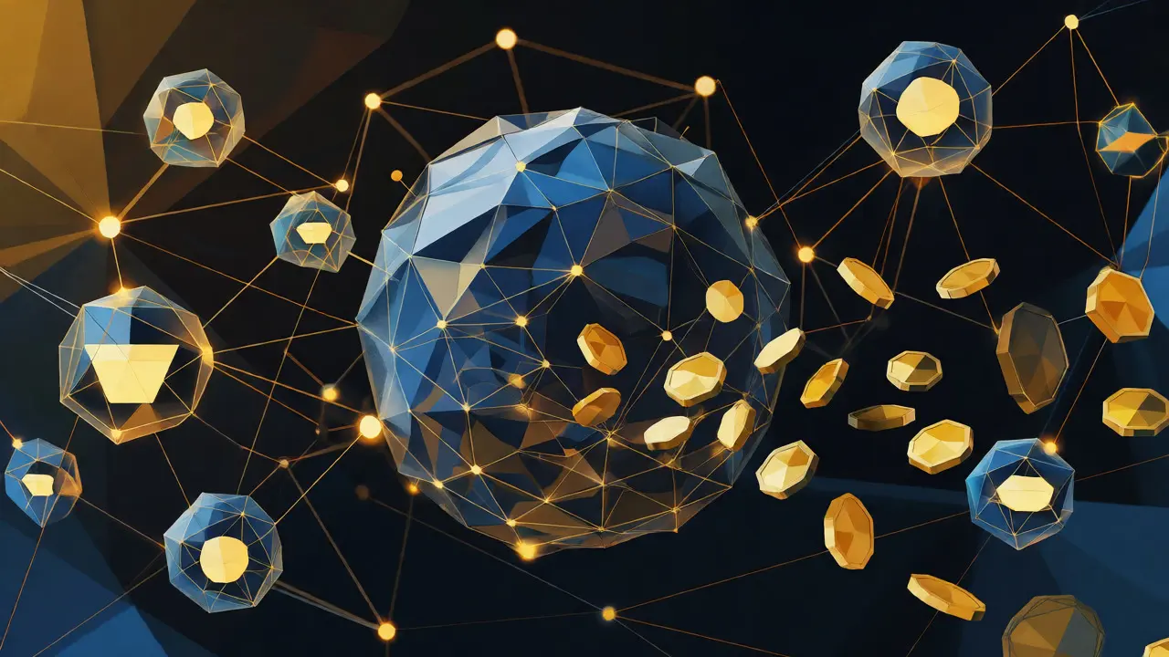 Faceted globe with connected nodes and flowing coins