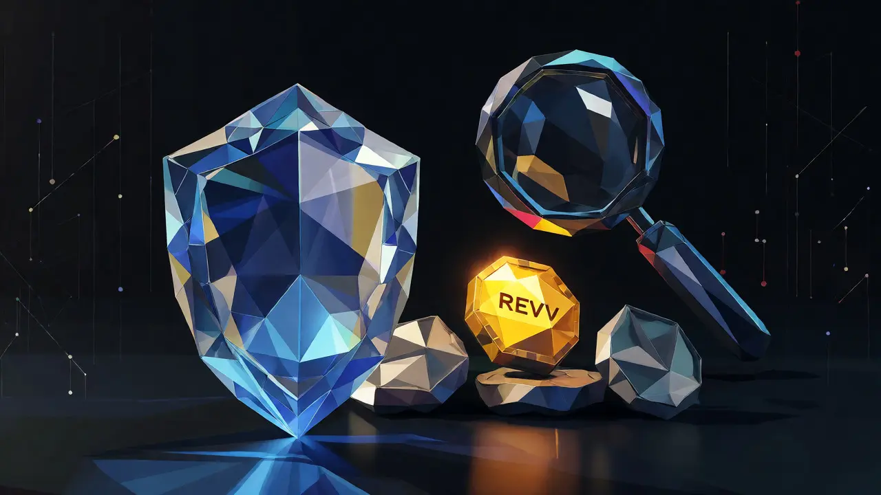 Faceted shield and magnifying glass inspecting distinct crypto tokens.