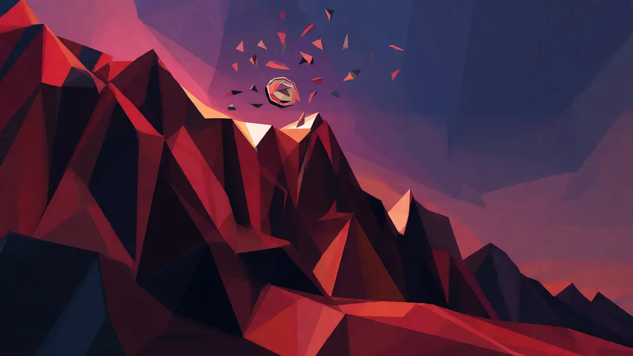 Geometric coin shattering while falling down a jagged cliff