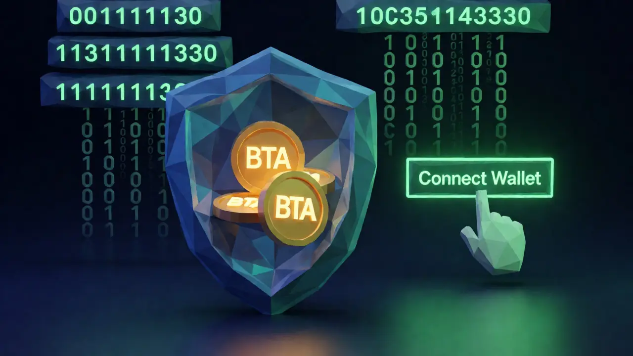 Geometric shield protecting golden BTA coins in a digital wallet