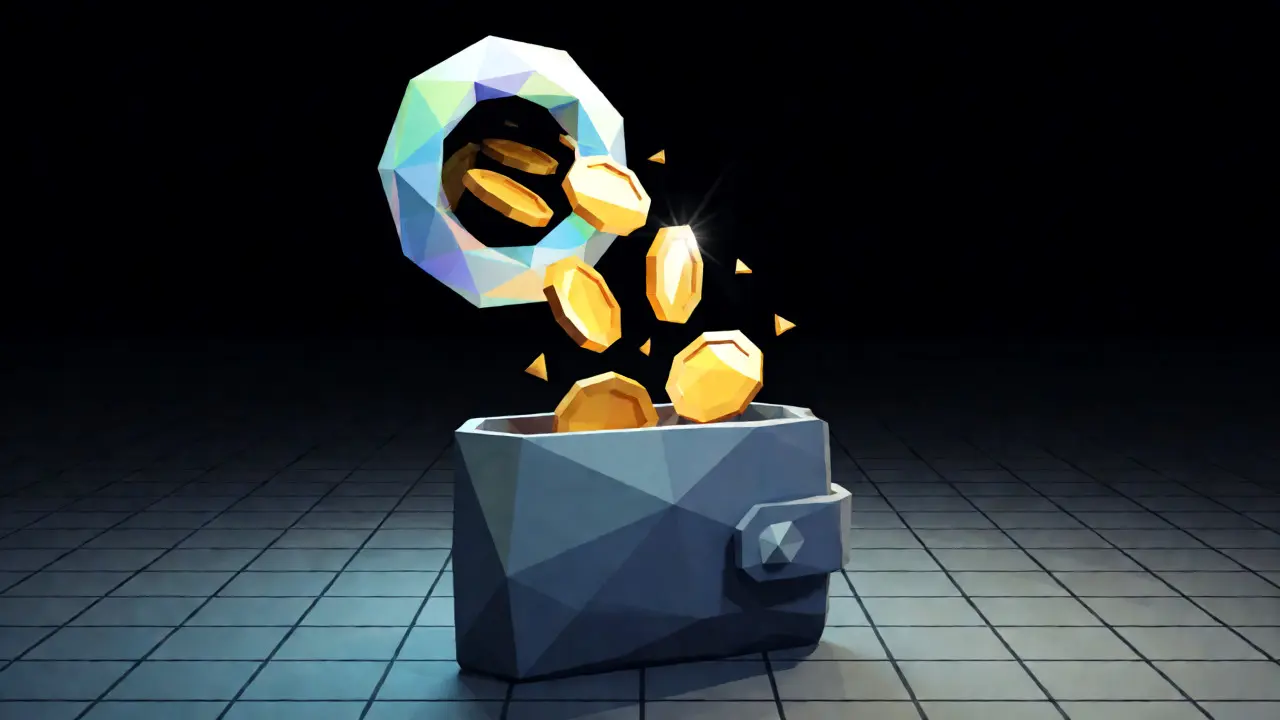 Golden BTA tokens flowing into a polygonal wallet via a portal