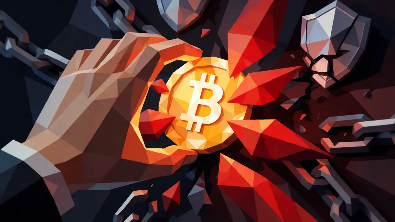 Hand trapped by geometric fee shards reaching for a Bitcoin